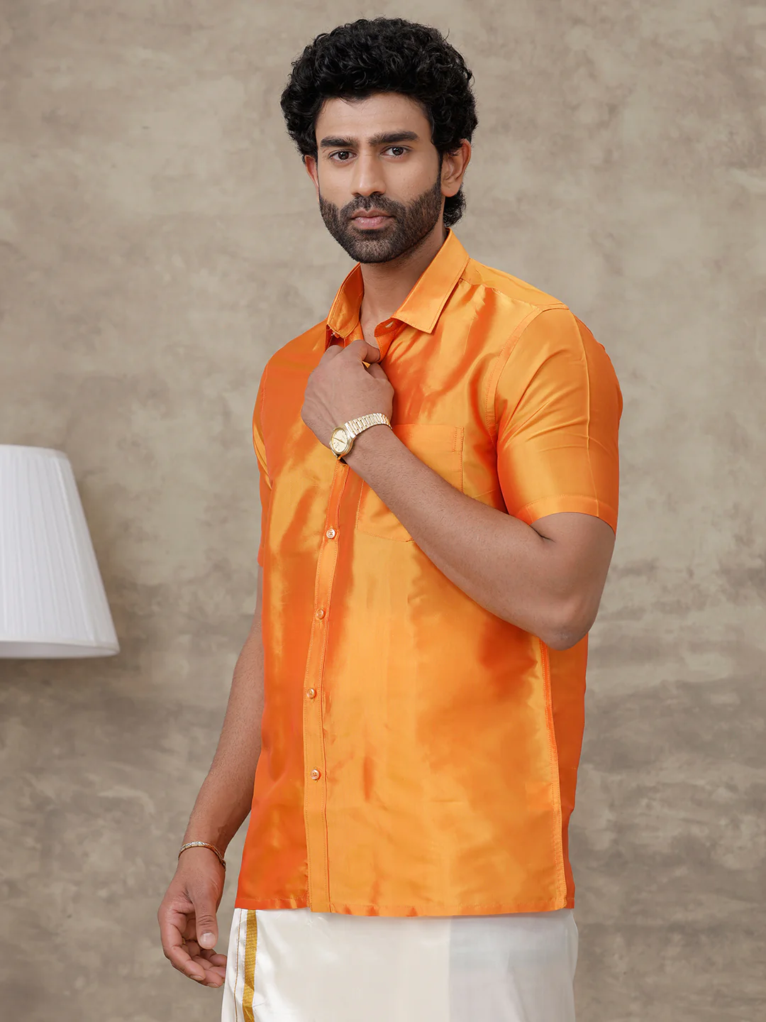 Men Pure Silk Half Sleeves Shirt Golden Orange - Image 3