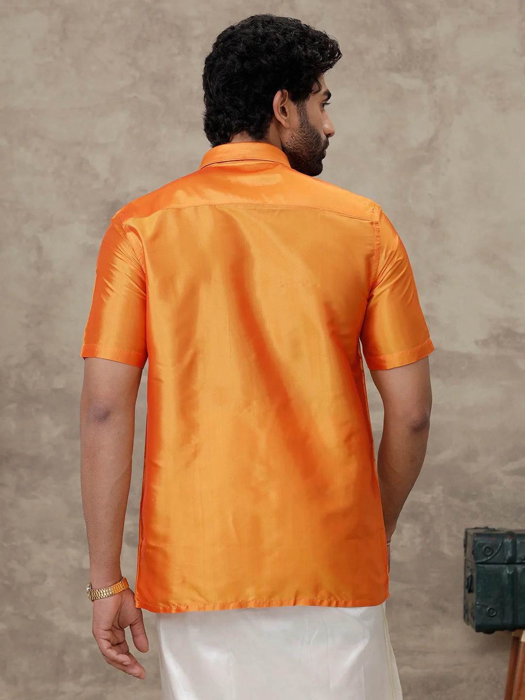 Men Pure Silk Half Sleeves Shirt Golden Orange - Image 4