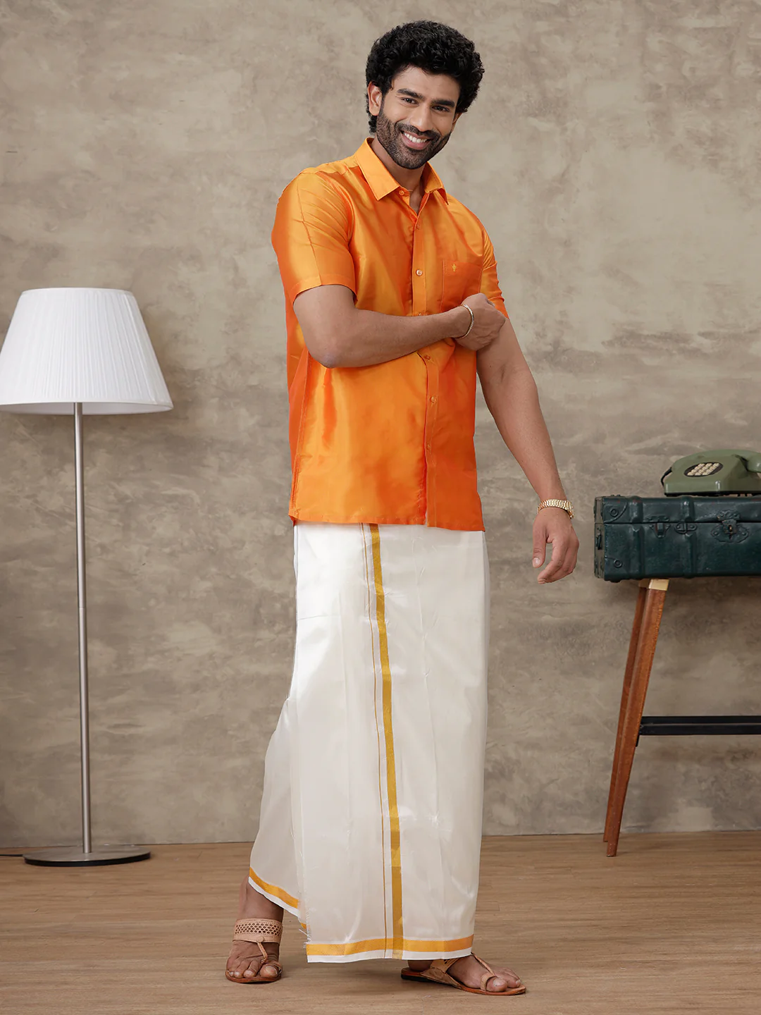 Men Pure Silk Half Sleeves Shirt Golden Orange - Image 5