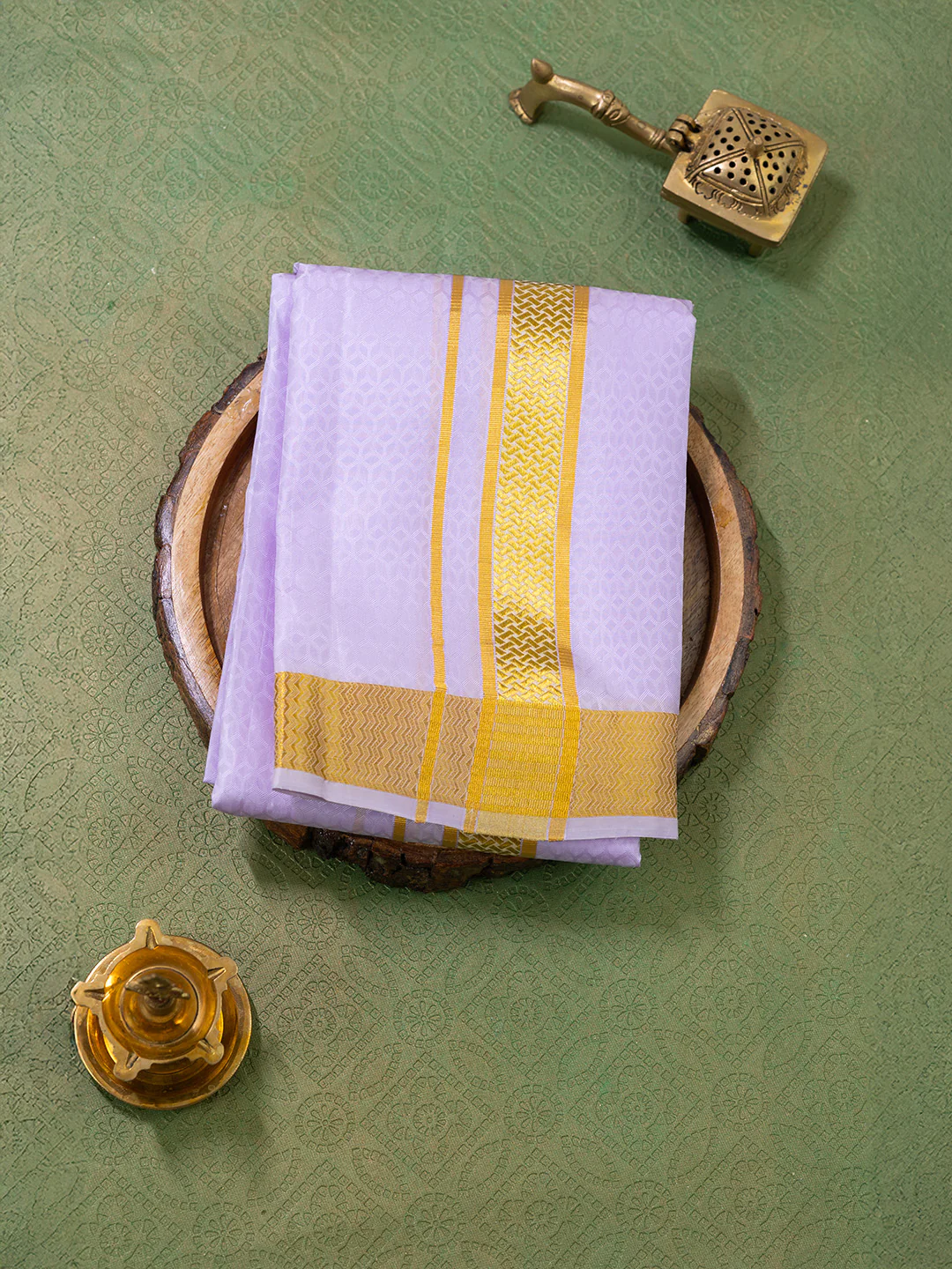 Men Pure Silk Lavender Dhoti Shirting & Towel Set with 2" inch Gold Jari Border - Image 2