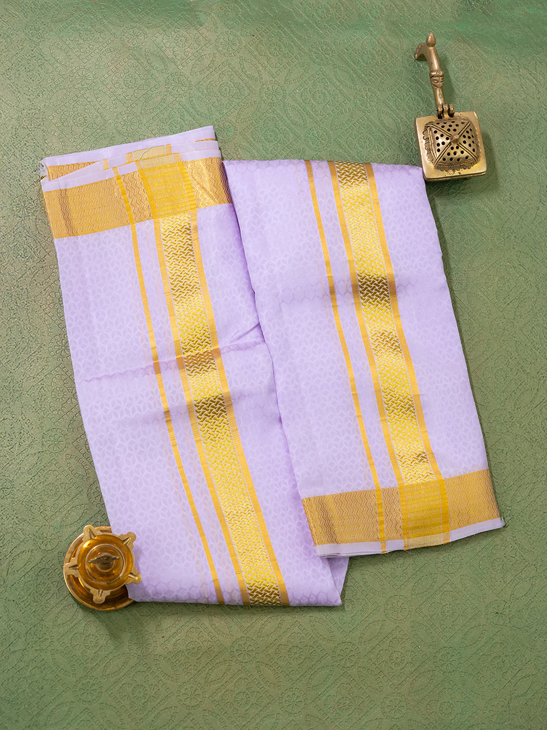 Men Pure Silk Lavender Dhoti Shirting & Towel Set with 2" inch Gold Jari Border - Image 3