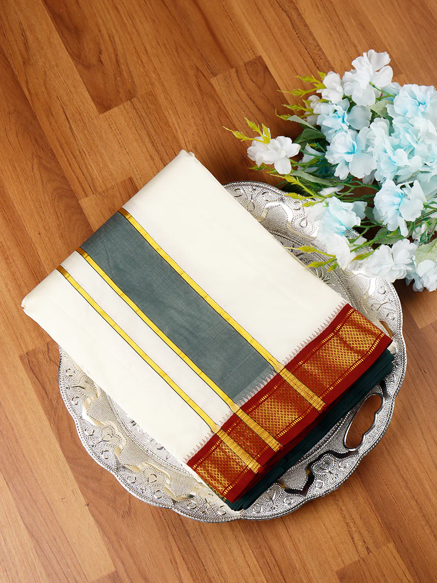 Men Pure Silk Mayilkhan Border Panchakacham & Towel Set 9+5 Thirukalyan 7K - Image 10