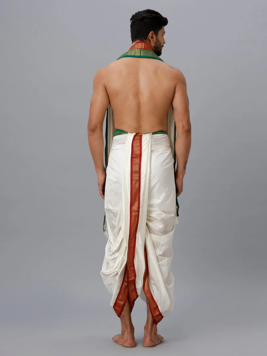 Men Pure Silk Mayilkhan Border Panchakacham & Towel Set 9+5 Thirukalyan 7K - Image 3