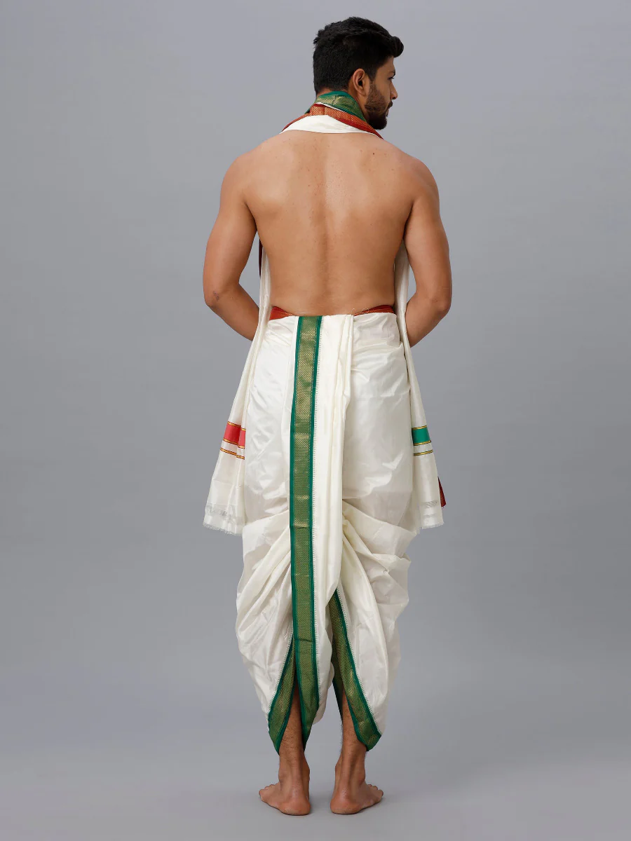 Men Pure Silk Mayilkhan Border Panchakacham & Towel Set 9+5 Thirukalyan 7K - Image 4