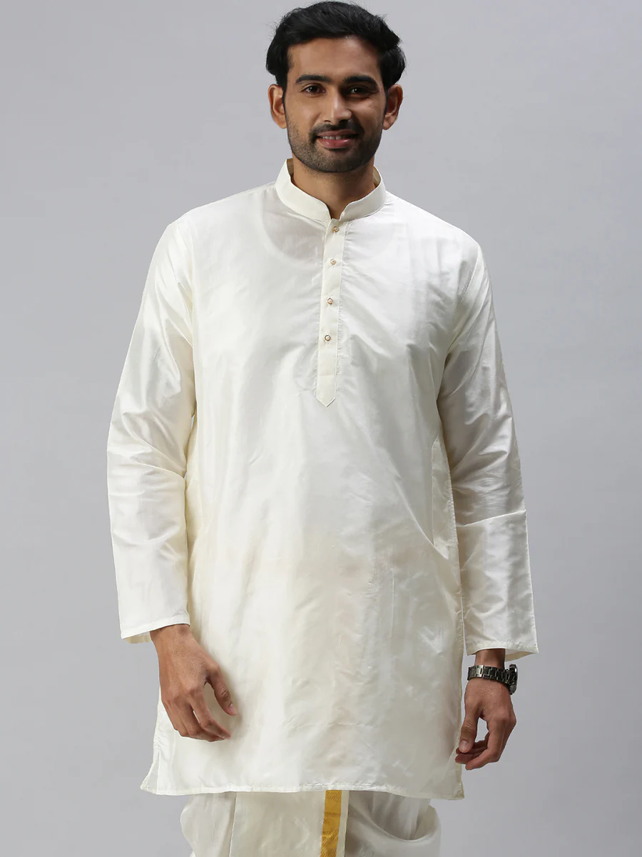 Men Pure Silk Medium Length Plain Kurta Cream