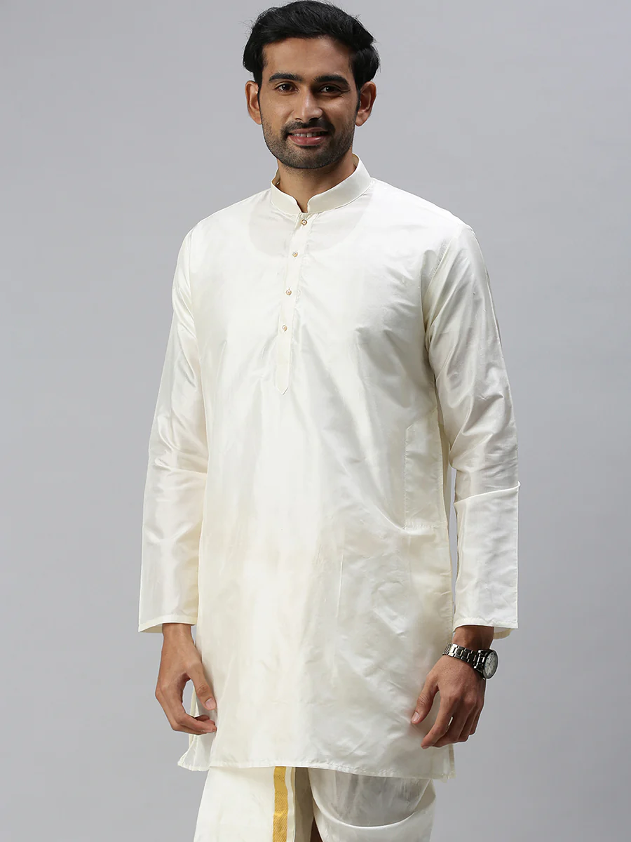 Men Pure Silk Medium Length Plain Kurta Cream - Image 2