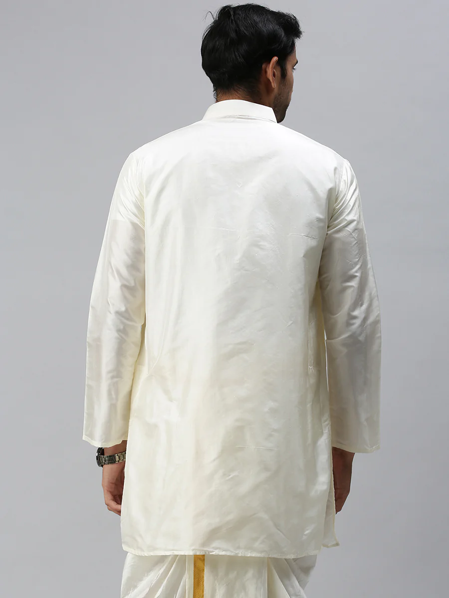 Men Pure Silk Medium Length Plain Kurta Cream - Image 3