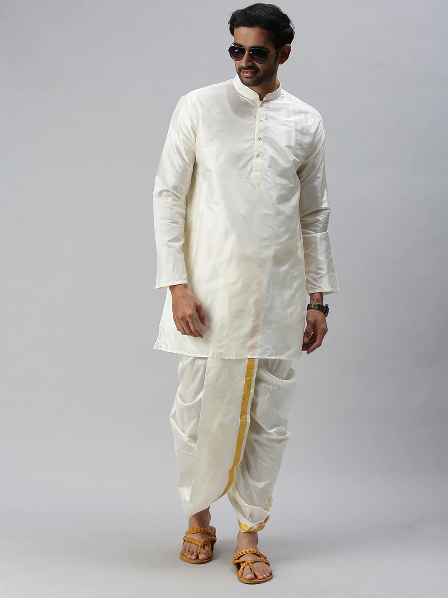 Men Pure Silk Medium Length Plain Kurta Cream - Image 4