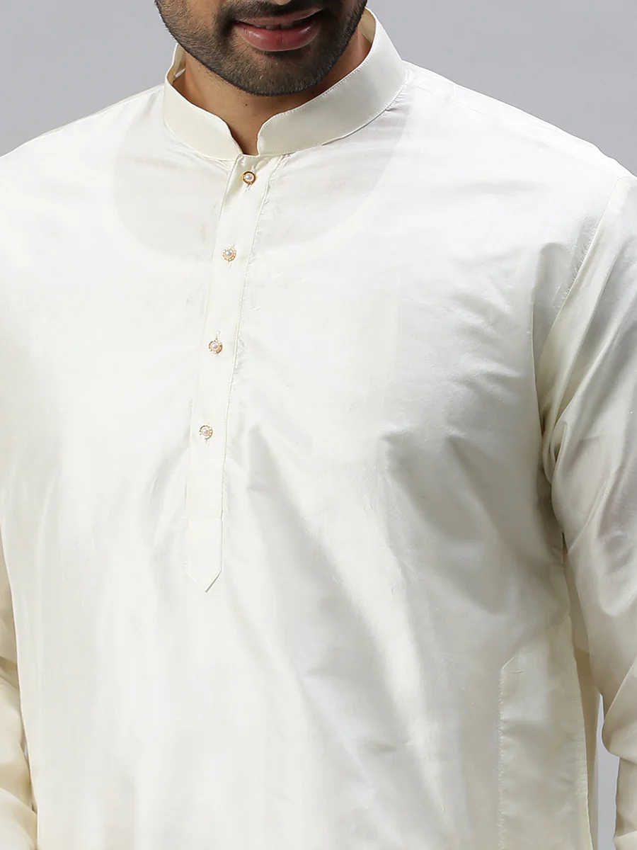 Men Pure Silk Medium Length Plain Kurta Cream - Image 5