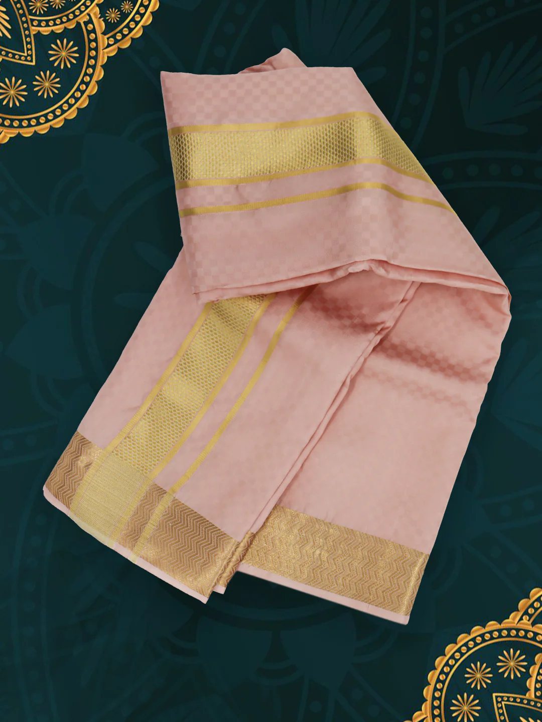 Men Pure Silk Embossed Peach Dhoti & Towel Set with 2 1/2" inch Gold Fancy Jari Border - Image 2