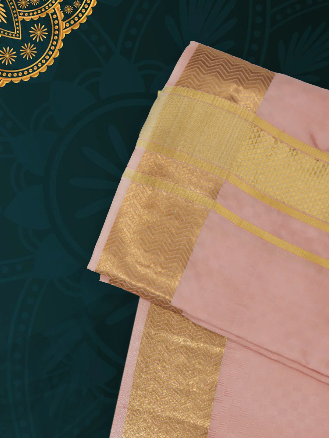 Men Pure Silk Embossed Peach Dhoti & Towel Set with 2 1/2" inch Gold Fancy Jari Border - Image 3