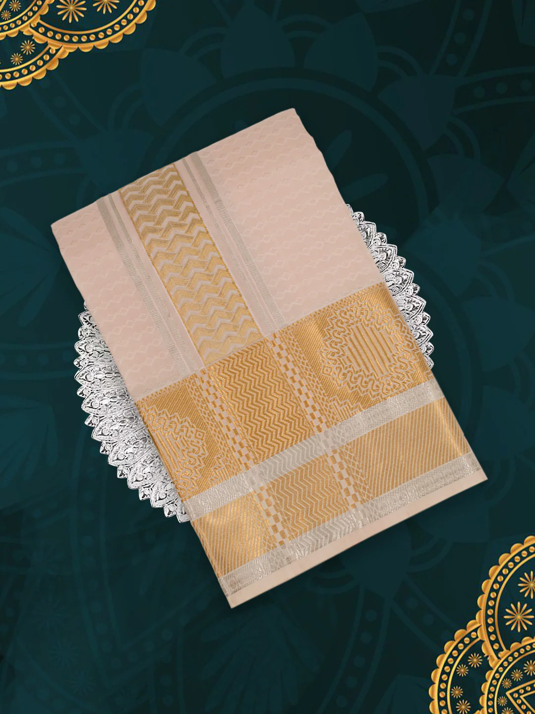 Men Pure Silk Peach Dhoti & Towel Set with 4" inch Silver Jari Border TKC14 - Image 2