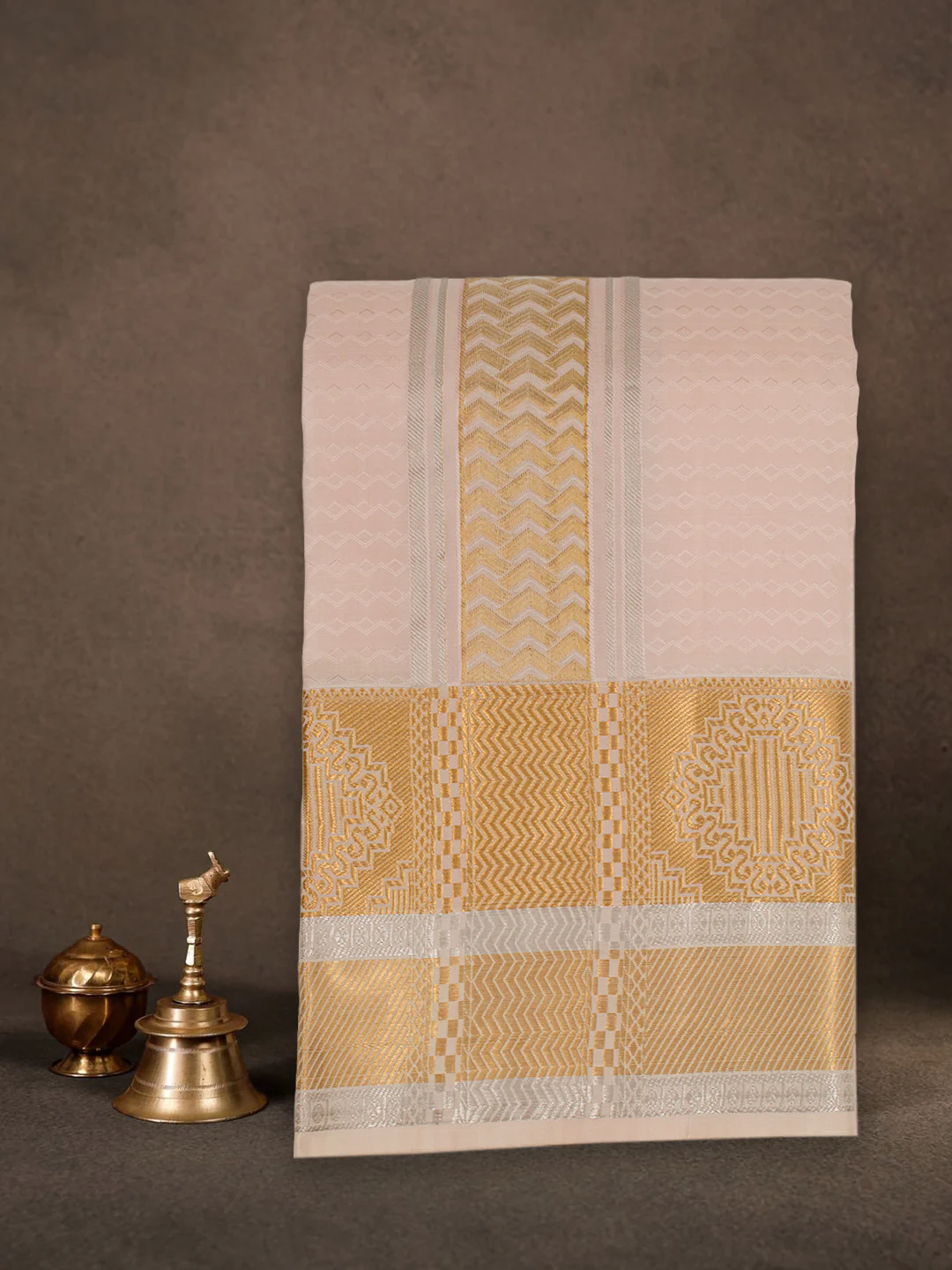 Men Pure Silk Peach Dhoti & Towel Set with 4" inch Silver Jari Border TKC14 - Image 3