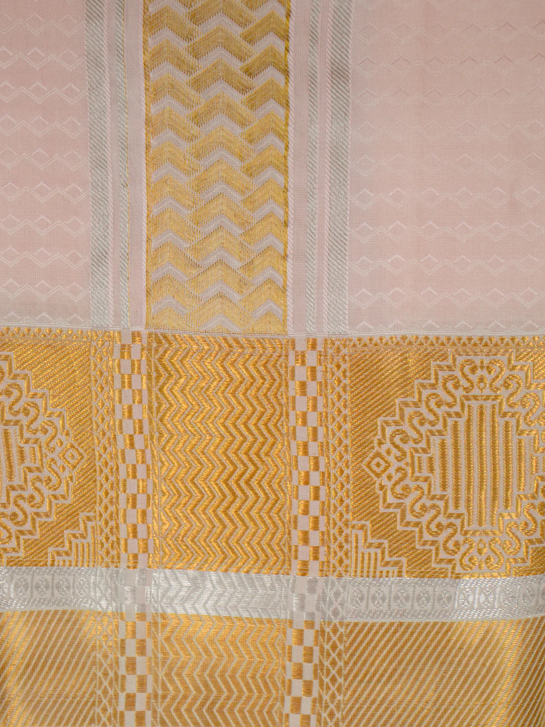 Men Pure Silk Peach Dhoti & Towel Set with 4" inch Silver Jari Border TKC14 - Image 4