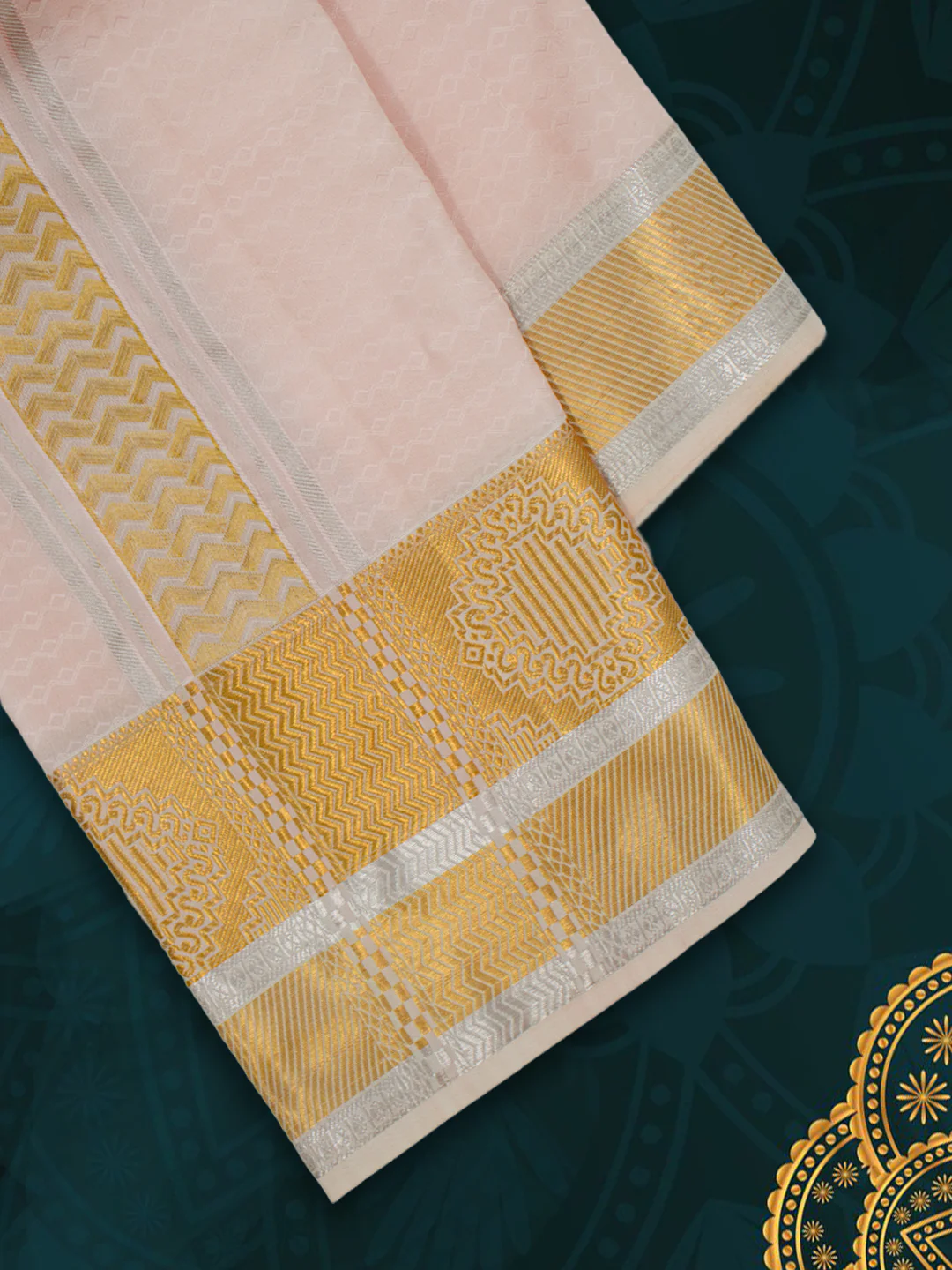 Men Pure Silk Peach Dhoti & Towel Set with 4" inch Silver Jari Border TKC14 - Image 5