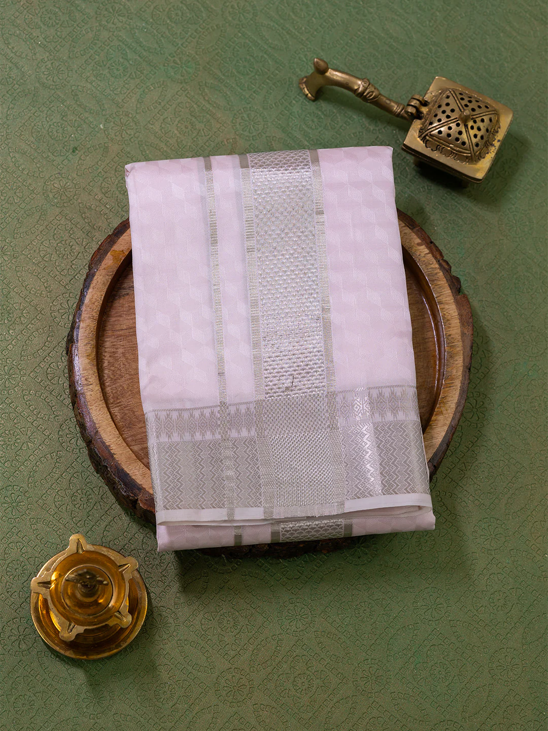 Men Pure Silk Pink Dhoti Shirting & Towel Set with 3" inch Silver Jari Border RJ02 - Image 2