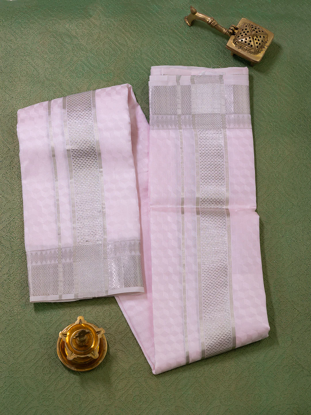 Men Pure Silk Pink Dhoti Shirting & Towel Set with 3" inch Silver Jari Border RJ02 - Image 4