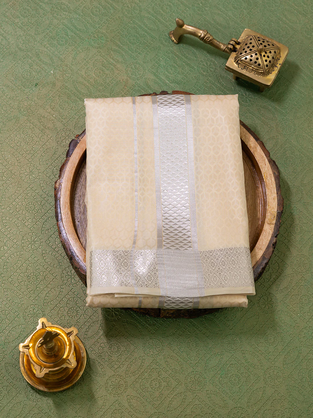 Men Pure Silk Sandal Dhoti Shirting & Towel Set with 2" inch Silver Jari Border RJ05 - Image 2