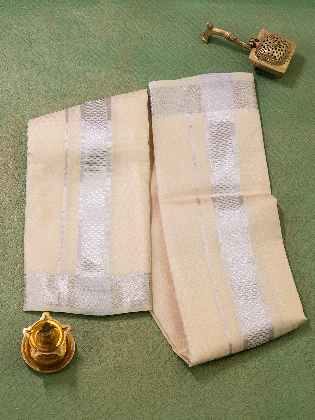 Men Pure Silk Sandal Dhoti Shirting & Towel Set with 2" inch Silver Jari Border RJ05 - Image 4