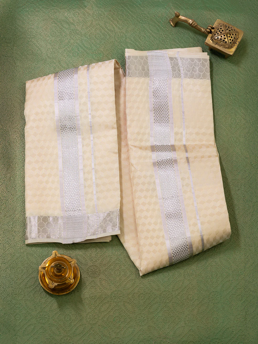 Men Pure Silk Sandal Dhoti Shirting & Towel Set with 2" inch Silver Jari Border RJ06 - Image 2