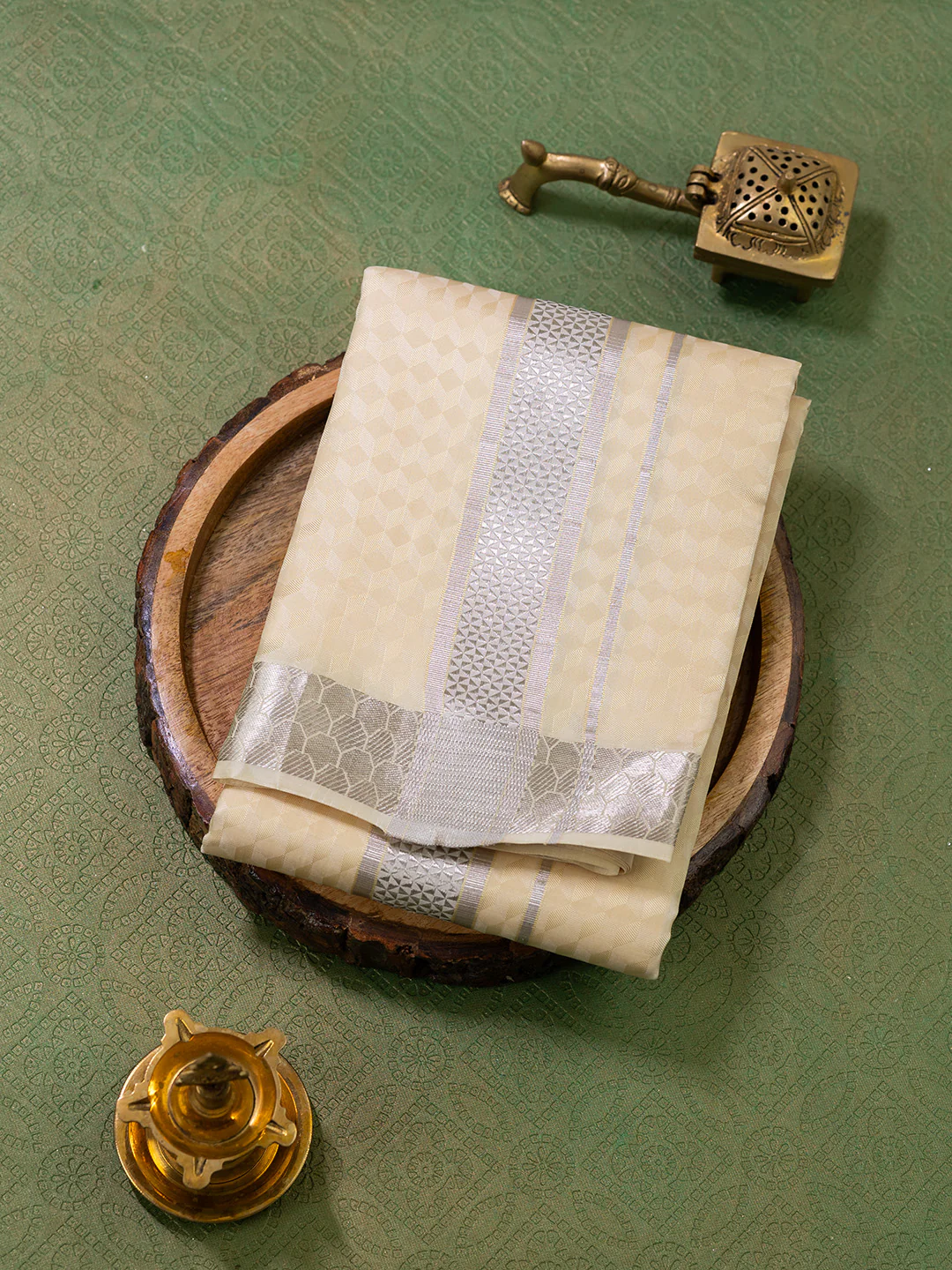 Men Pure Silk Sandal Dhoti Shirting & Towel Set with 2" inch Silver Jari Border RJ06 - Image 4