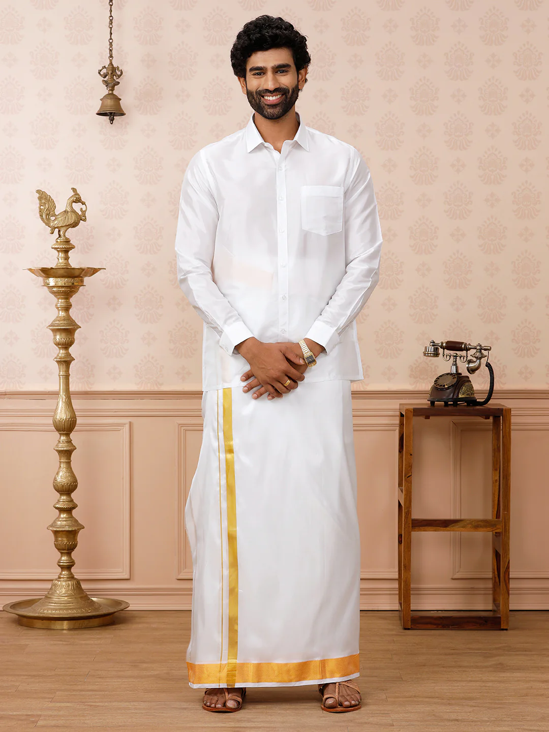 Men Pure Silk White Double Layer Dhoti 2" inch Gold Jari Border Upasana - Image 3
