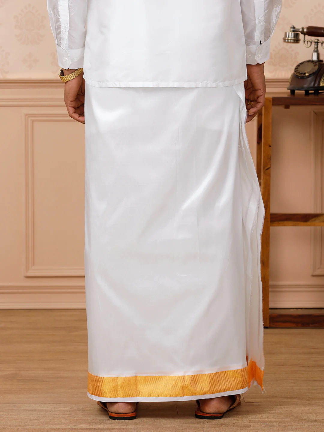 Men Pure Silk White Double Layer Dhoti 2" inch Gold Jari Border Upasana - Image 4