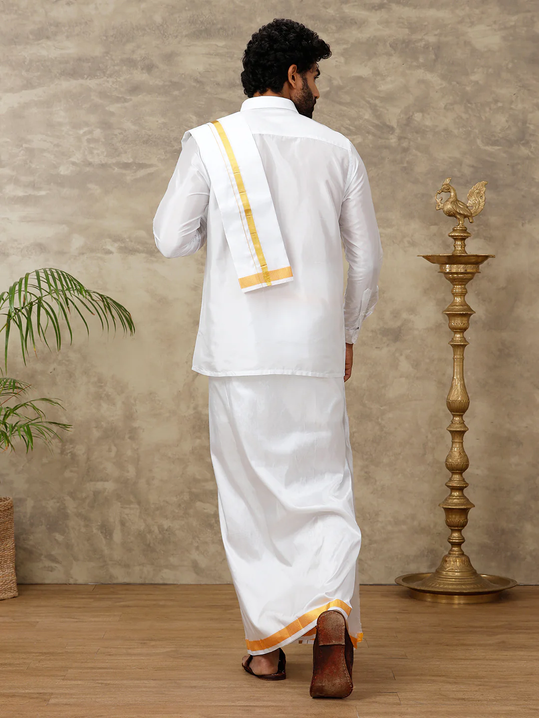 Men Pure Silk White with 1" inch Gold Jari Border Dhoti & Towel Set Thirukalyan - Image 6