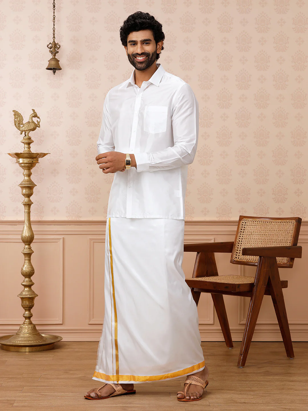 Men Pure Silk White with 1" inch Gold Jari Border Double Layer Dhoti Upasana - Image 3