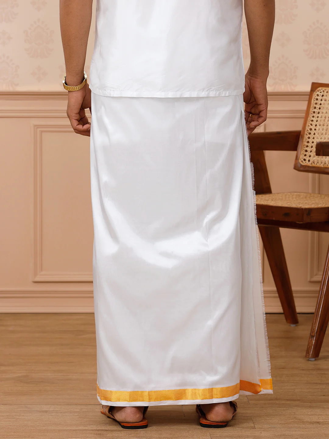 Men Pure Silk White with 1" inch Gold Jari Border Double Layer Dhoti Upasana - Image 4
