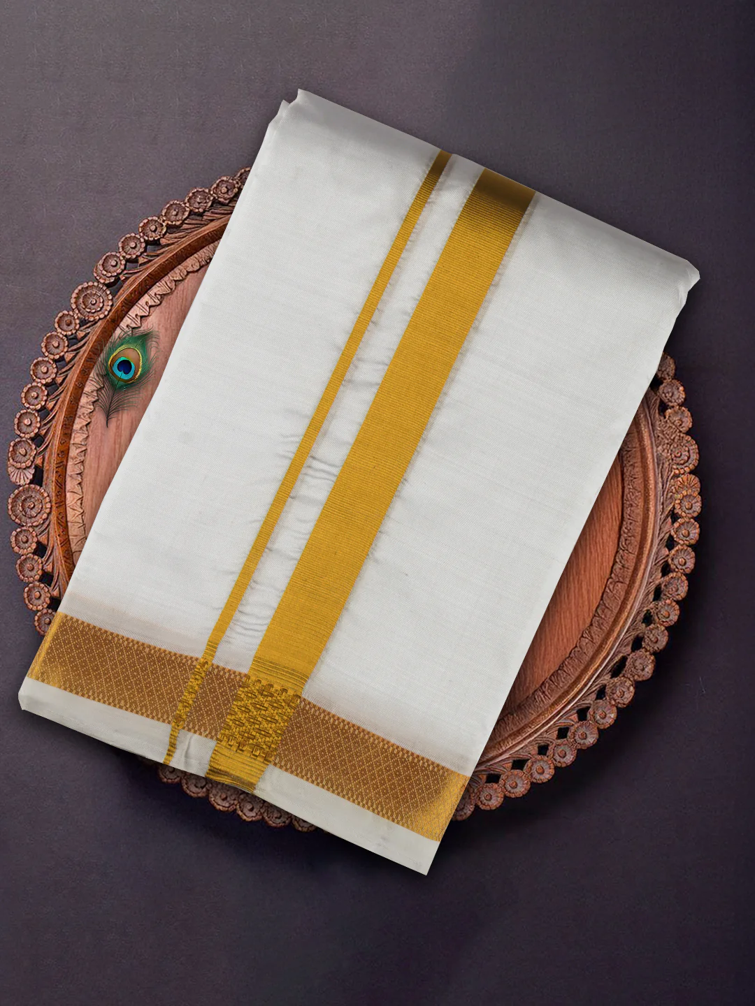 Men Pure Silk White with 1" inch Jari Border Double Layer Dhoti & Towel Set - Image 2