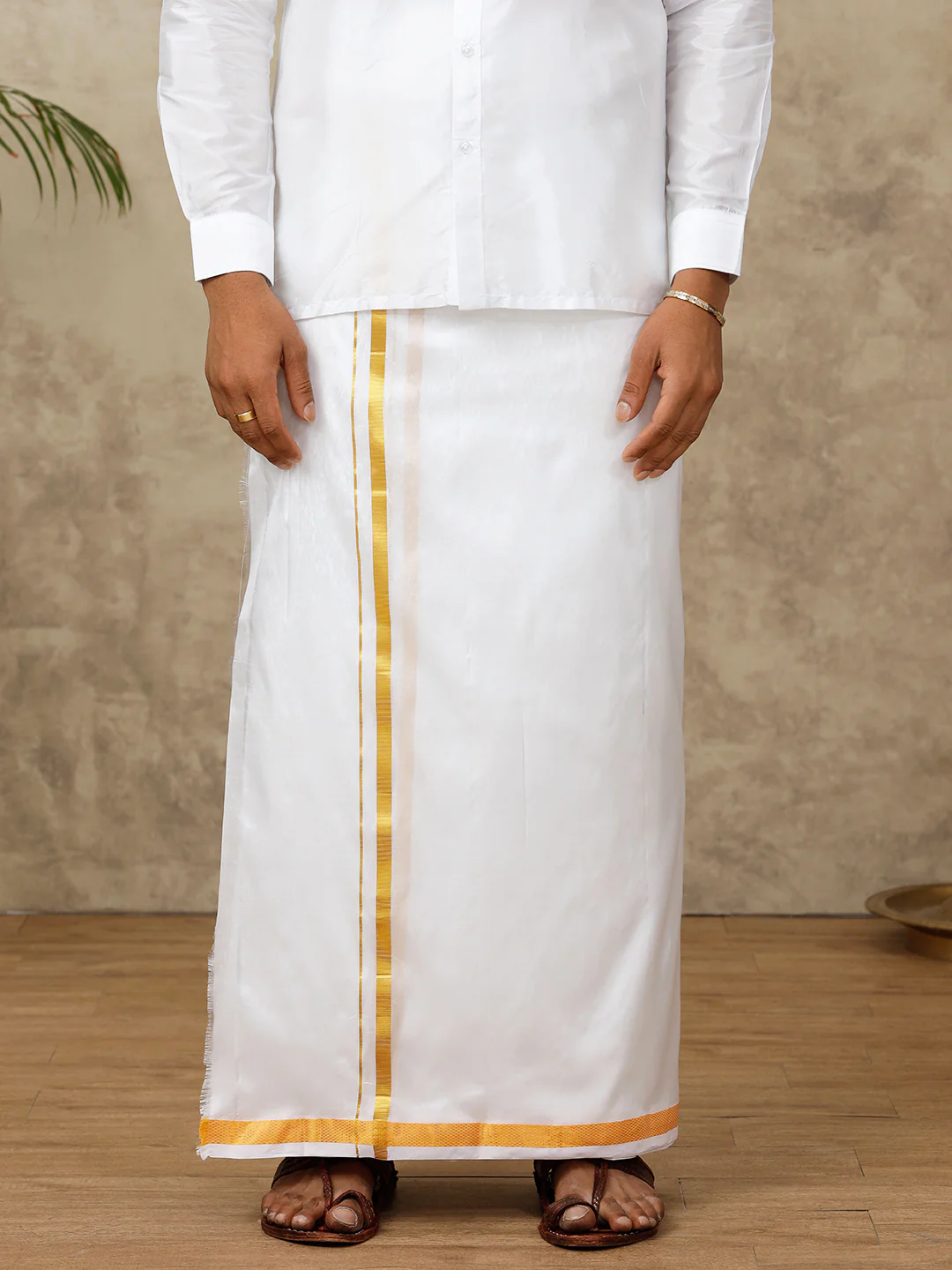 Men Pure Silk White with 3/4" inch Jari Border Dhoti & Shirting Set Purna Mithra - Image 3