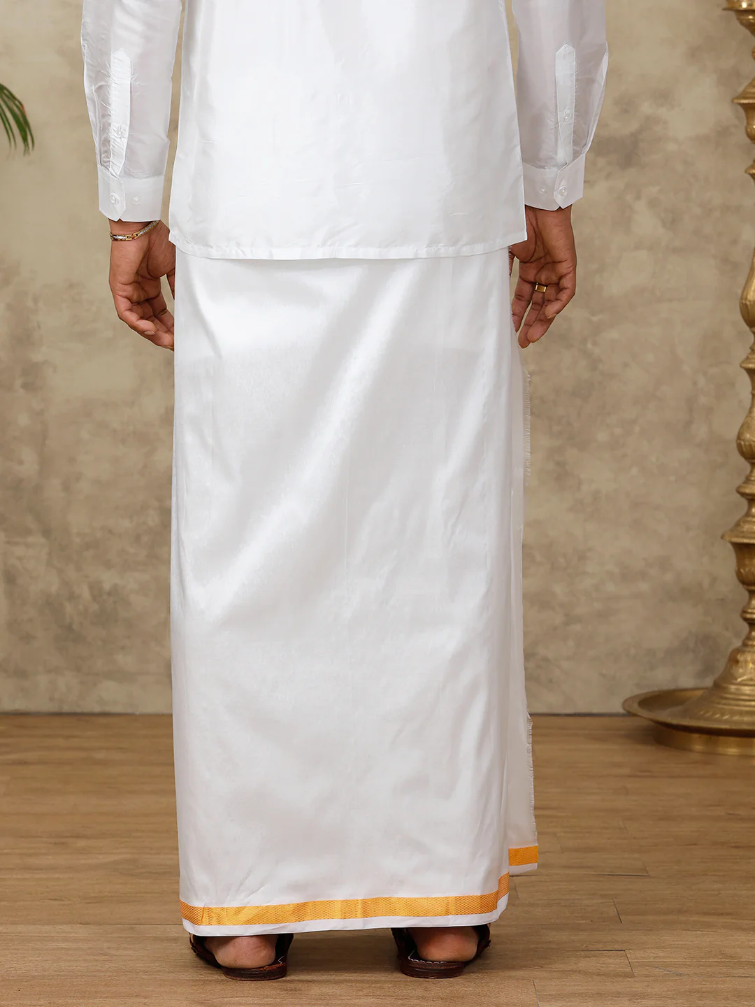 Men Pure Silk White with 3/4" inch Jari Border Dhoti & Shirting Set Purna Mithra - Image 4