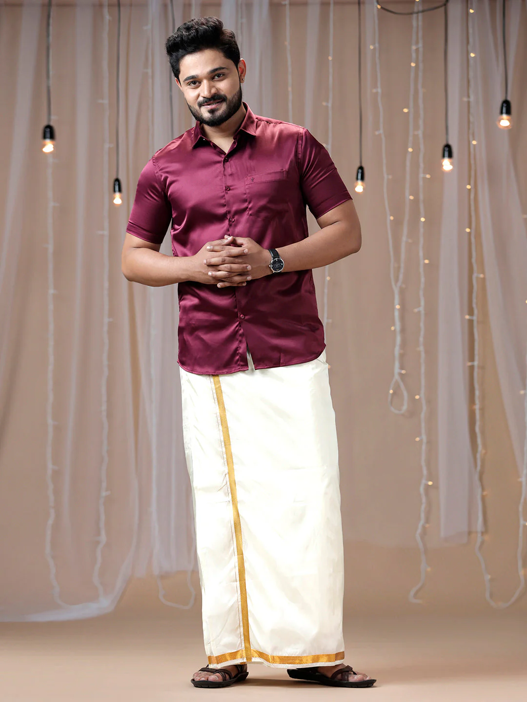 Men Purple Half Sleeves Shirt with Art Silk Double Layer Dhoti Combo PS7