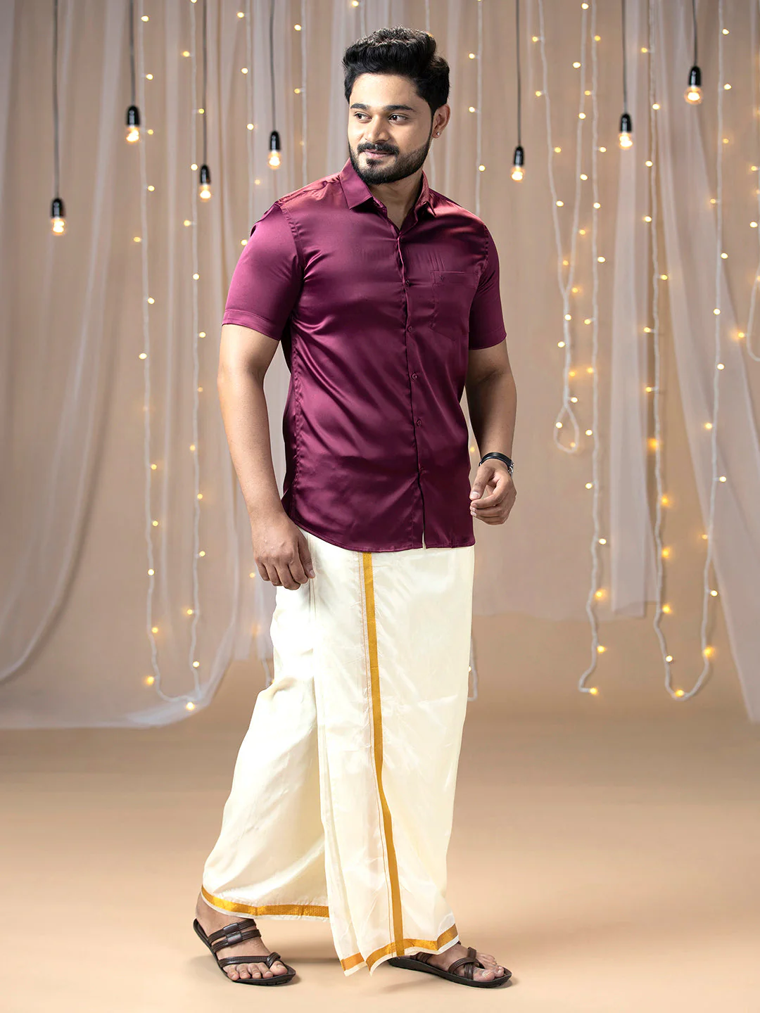Men Purple Half Sleeves Shirt with Art Silk Double Layer Dhoti Combo PS7 - Image 2