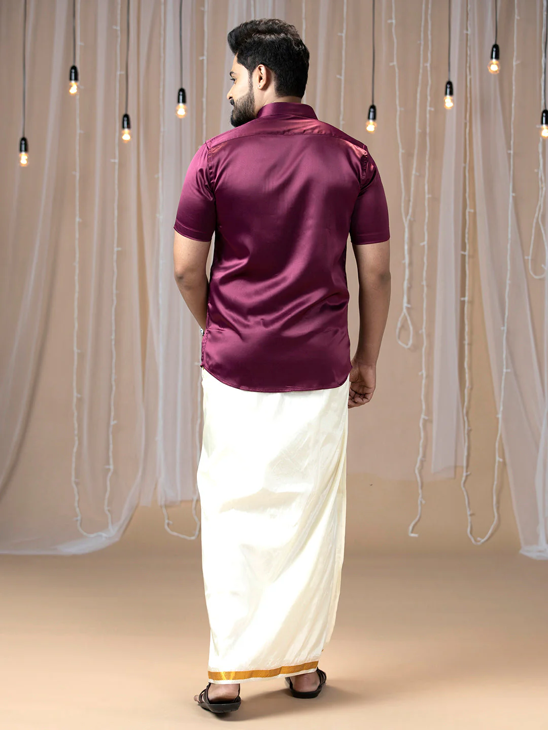 Men Purple Half Sleeves Shirt with Art Silk Double Layer Dhoti Combo PS7 - Image 3