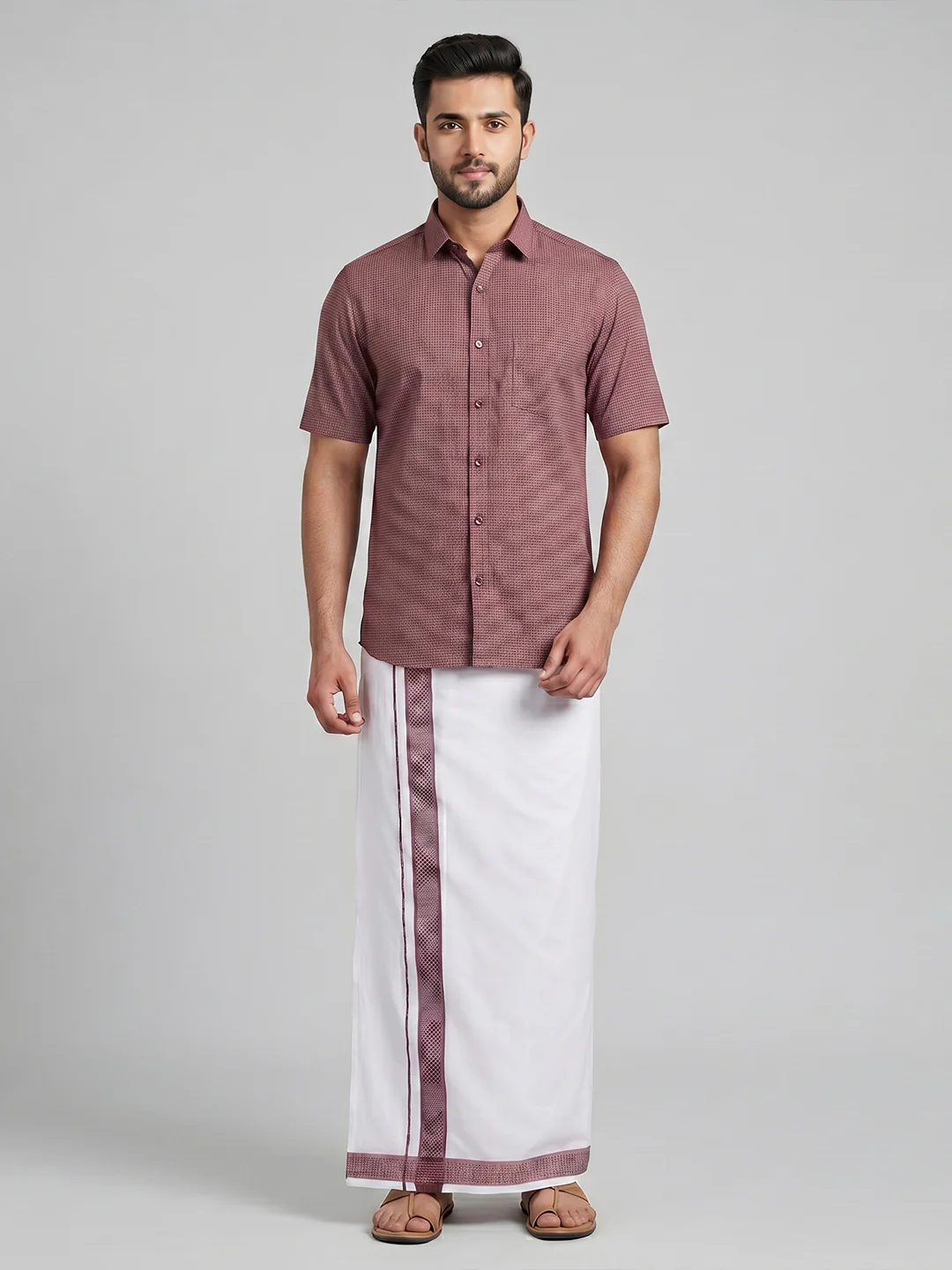 Men Purple Matching Border Dhoti With Printed Shirt Set Windsor HNJ4 - Image 2
