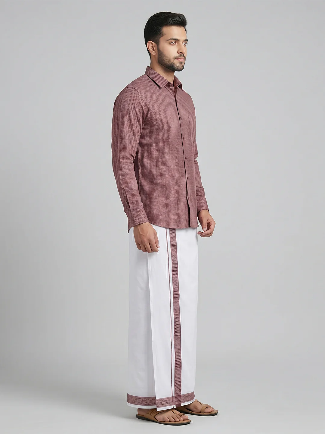 Men Purple Matching Border Dhoti With Printed Shirt Set Windsor HNJ4 - Image 3
