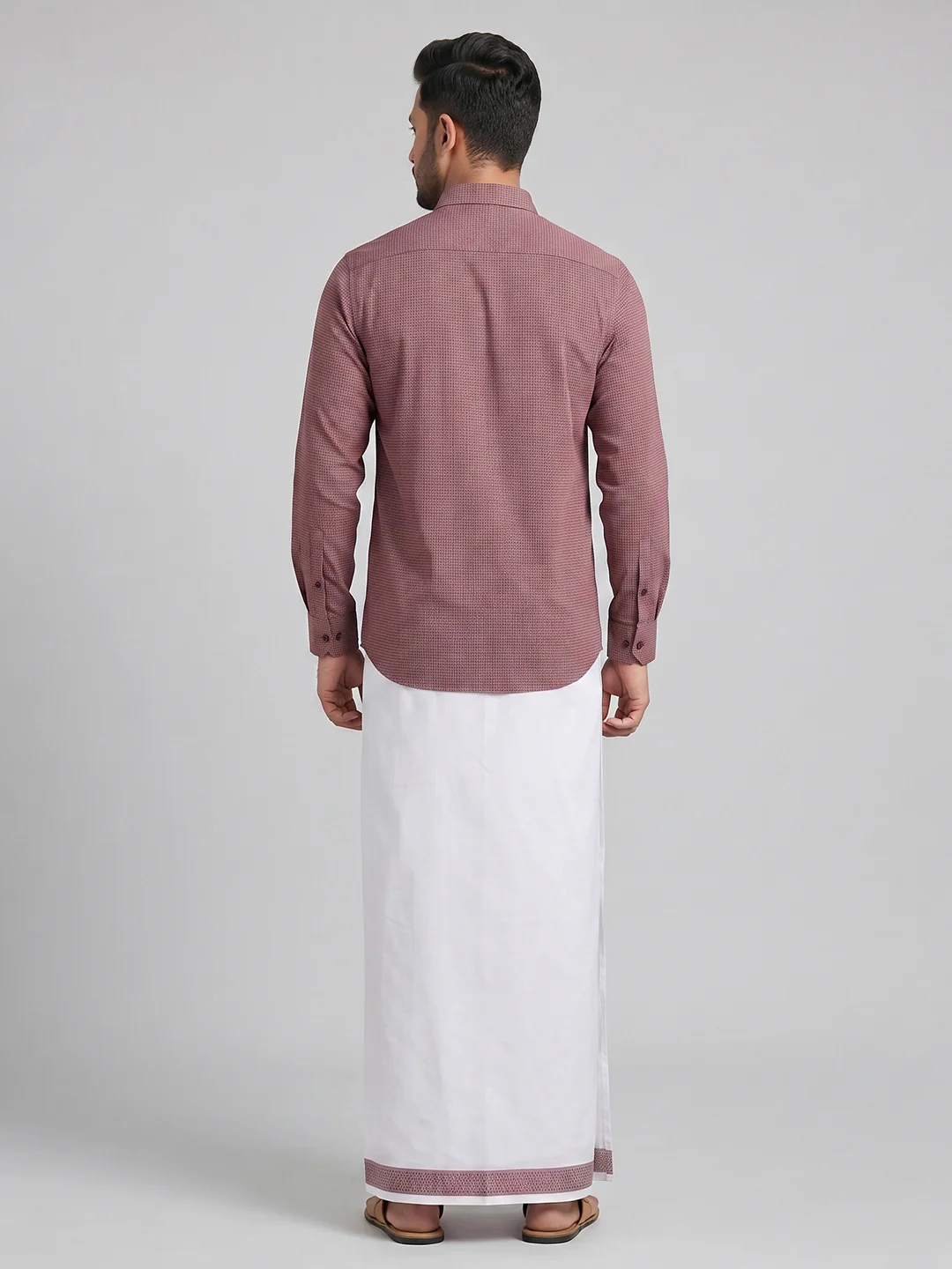 Men Purple Matching Border Dhoti With Printed Shirt Set Windsor HNJ4 - Image 4