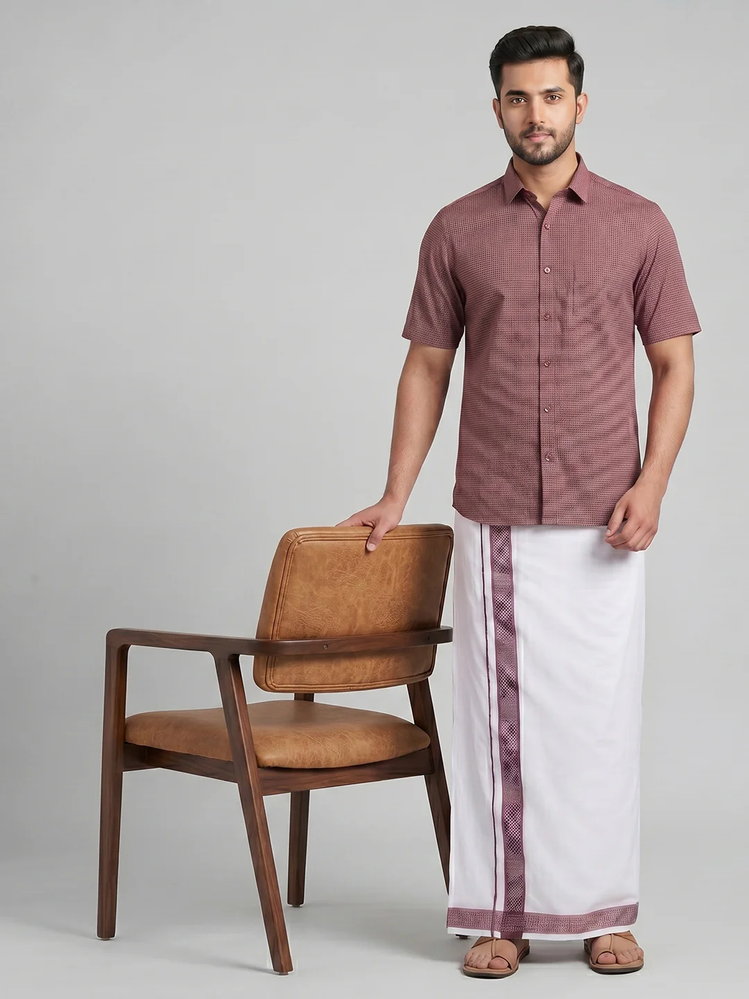 Men Purple Matching Border Dhoti With Printed Shirt Set Windsor HNJ4 - Image 7