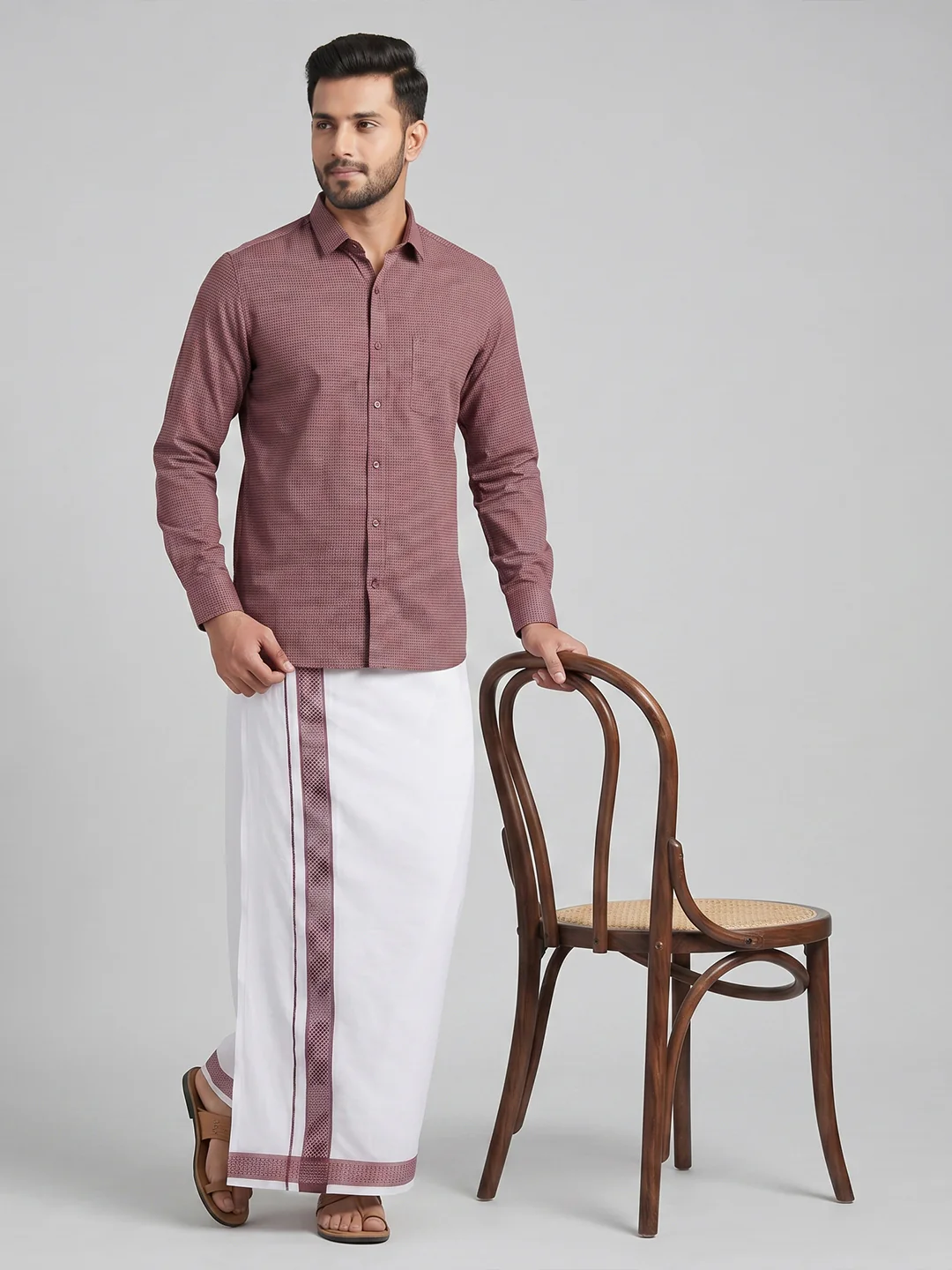 Men Purple Matching Border Dhoti With Printed Shirt Set Windsor HNJ4 - Image 8