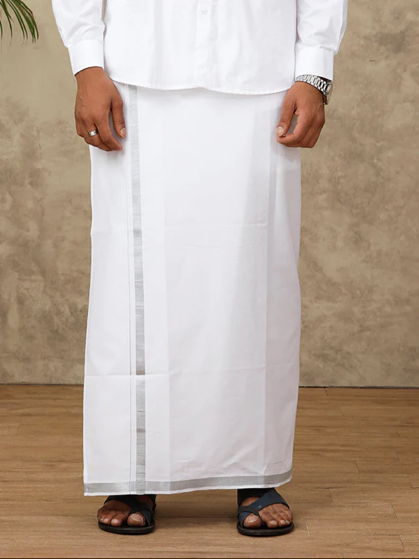 Men Readymade Adjustable White with Silver Jari Border Double Layer Dhoti 11498SIL - Image 2