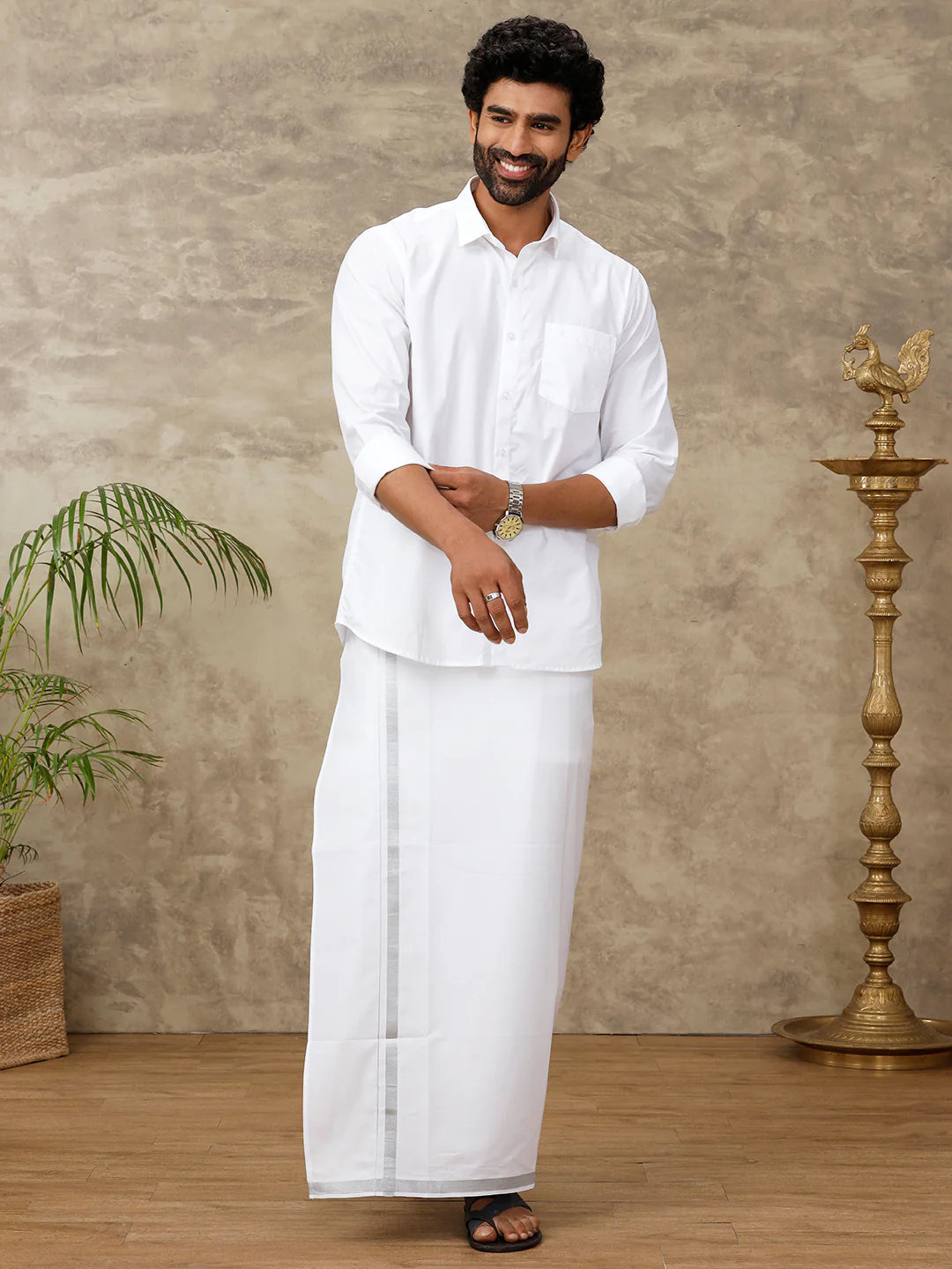 Men Readymade Adjustable White with Silver Jari Border Double Layer Dhoti 11498SIL - Image 3