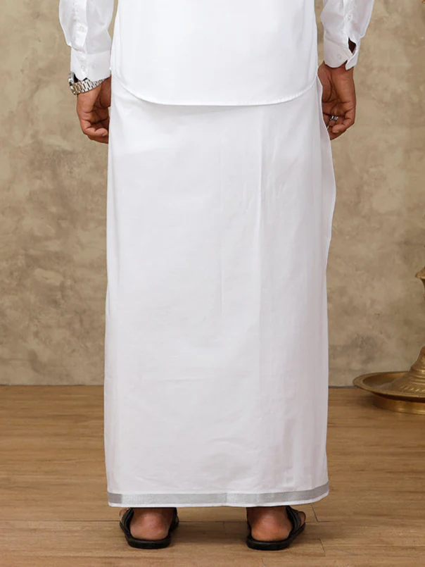 Men Readymade Adjustable White with Silver Jari Border Double Layer Dhoti 11498SIL - Image 4