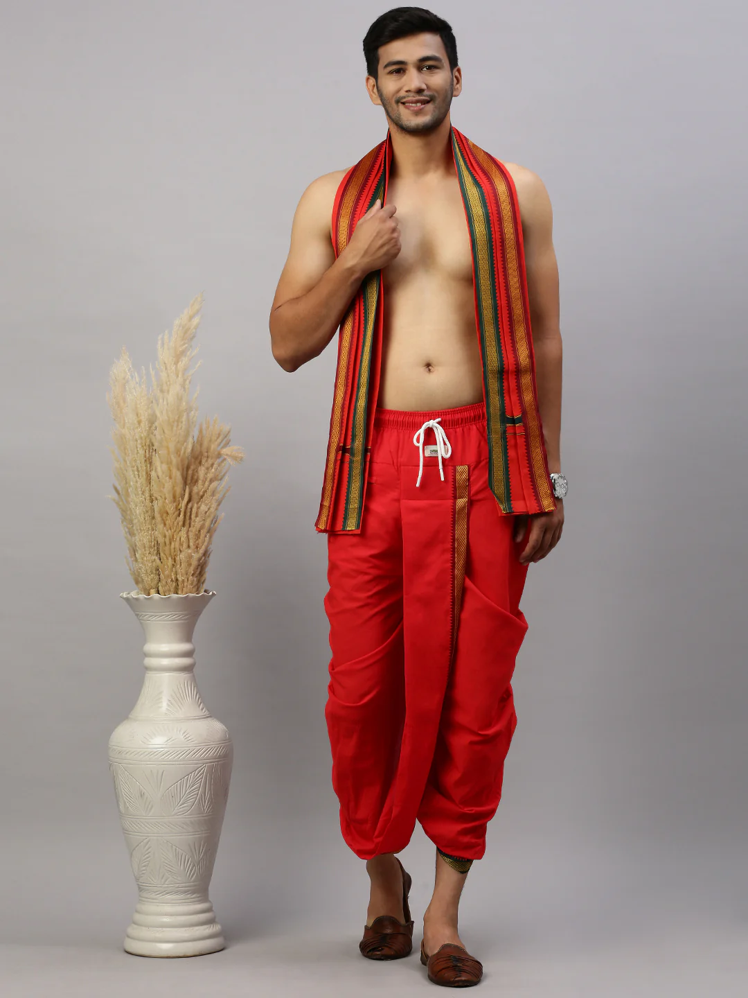 Readymade Panchakacham & Towel Set Red Naivedhya