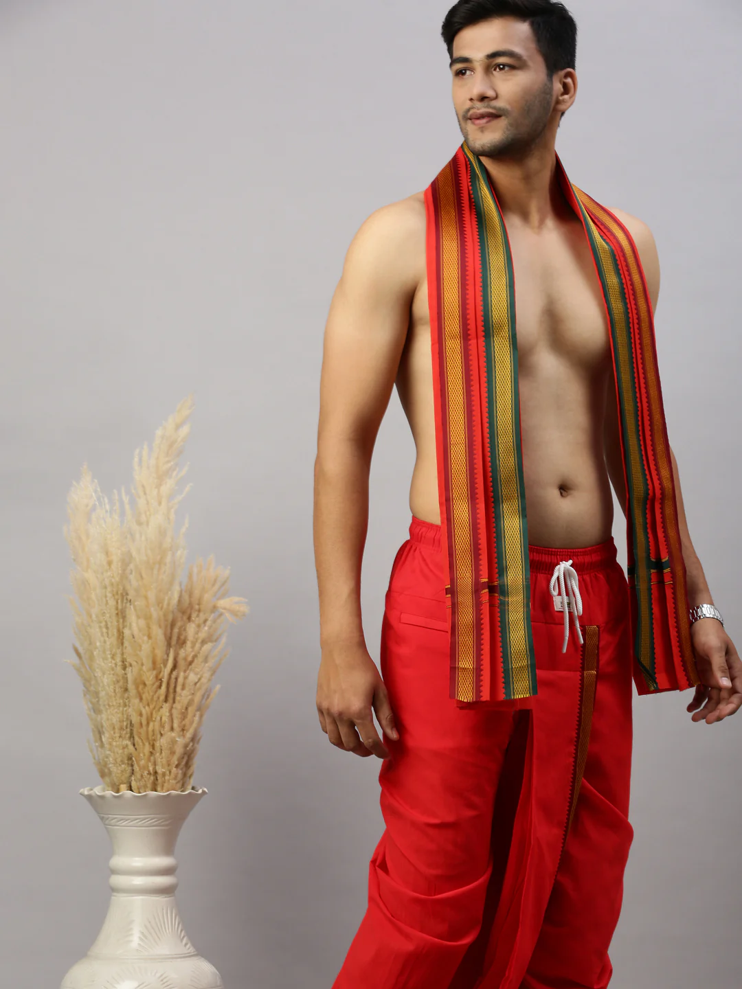 Readymade Panchakacham & Towel Set Red Naivedhya - Image 5