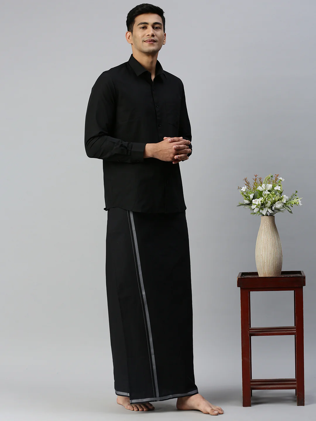 Men Readymade Single Layer Black Dhoti with Assorted Border - Image 7