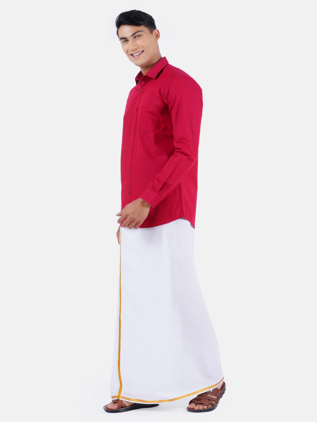 Men Red Full Sleeves Shirt with 1/2" Inch Gold Jari Border Single Layer Dhoti Combo - Image 2