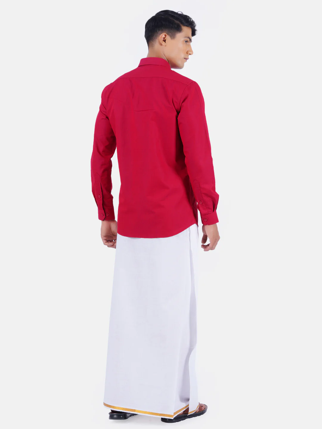 Men Red Full Sleeves Shirt with 1/2" Inch Gold Jari Border Single Layer Dhoti Combo - Image 3