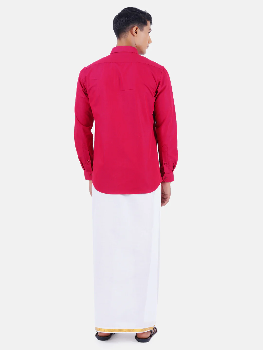 Men Red Full Sleeves Shirt with 3/4" Inch Gold Jari Border Single Layer Dhoti Combo - Image 3
